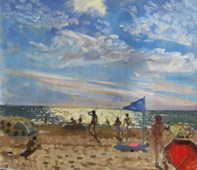 Blaues Fähnchen und roter Sonnenschirm, Montalivet von Andrew Macara